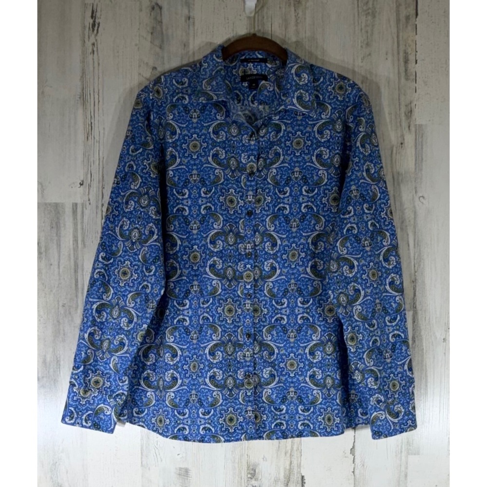 Lands End Button Up Shirt 18 Blue Paisley No Iron Supima Cotton Office Preppy